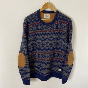 Bellfield Wool Blend Sweater Men M Knit Crew Neck Elbow Patches Blue